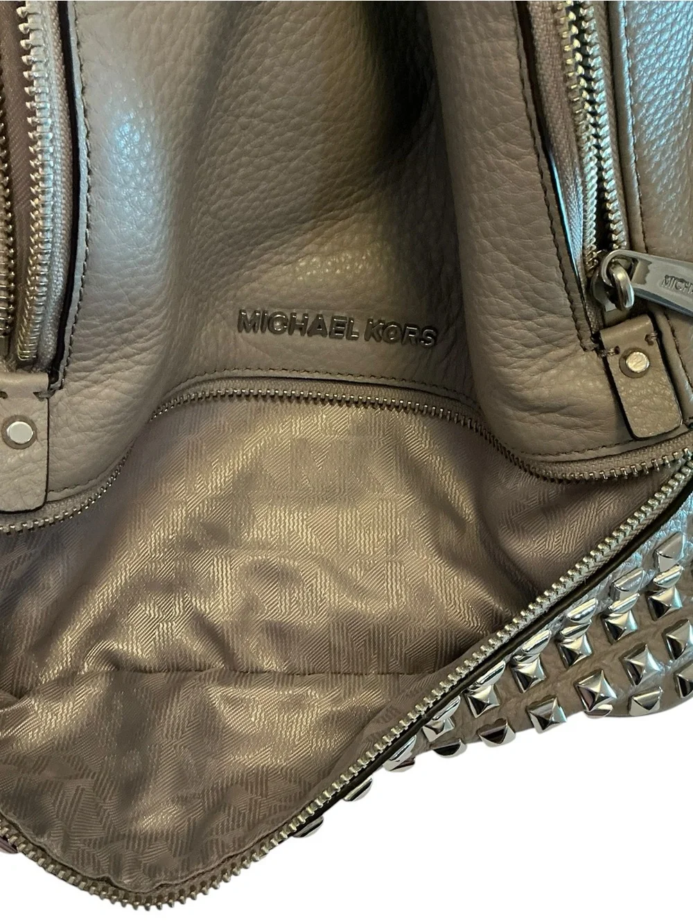 MICHAEL KORS Rhea Zip Studded Backpack Pebbled Leather Bag Pearl Gray- 12